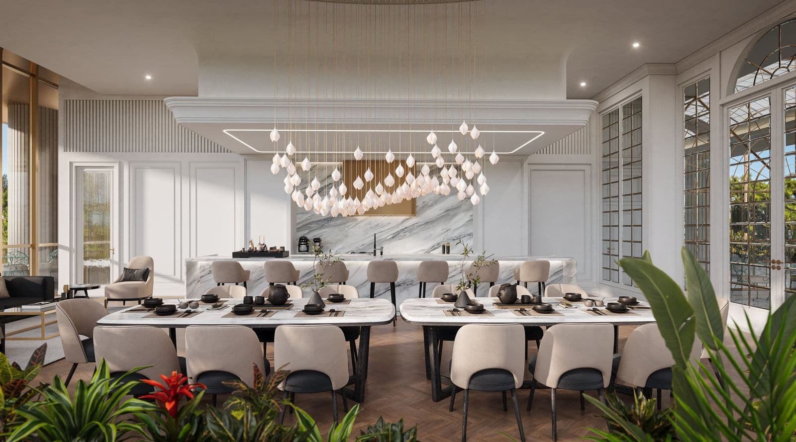 Greenhouse – A rendering of an elegant private dining amenity space with two long marble tables set for a meal, a beaded chandelier, and greenhouse-style glass doors.