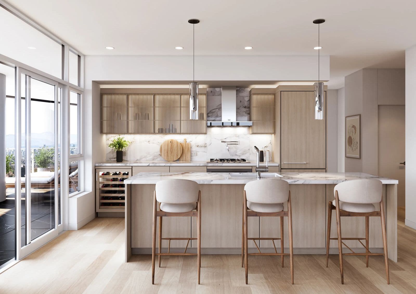Greenhouse – A rendering of a light wood kitchen with a marble waterfall island, wine fridge, pendant lighting, and floor-to-ceiling windows opening to a balcony with a city view.