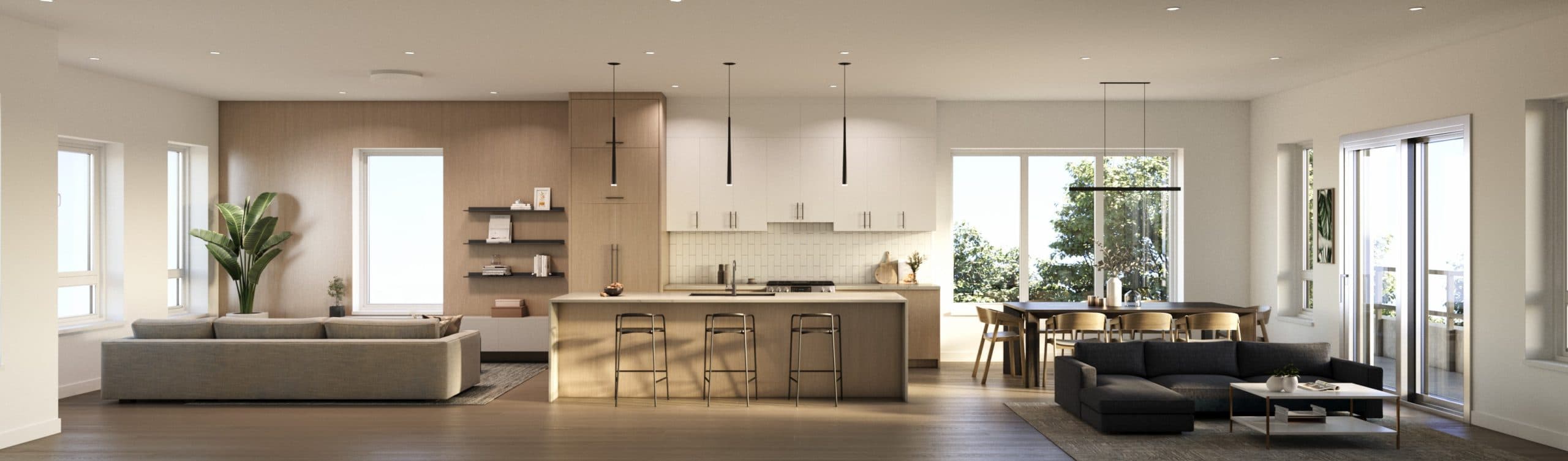 Oxford Mews – Wide rendering of an open-concept kitchen, living, and dining space with wood accents and large windows.