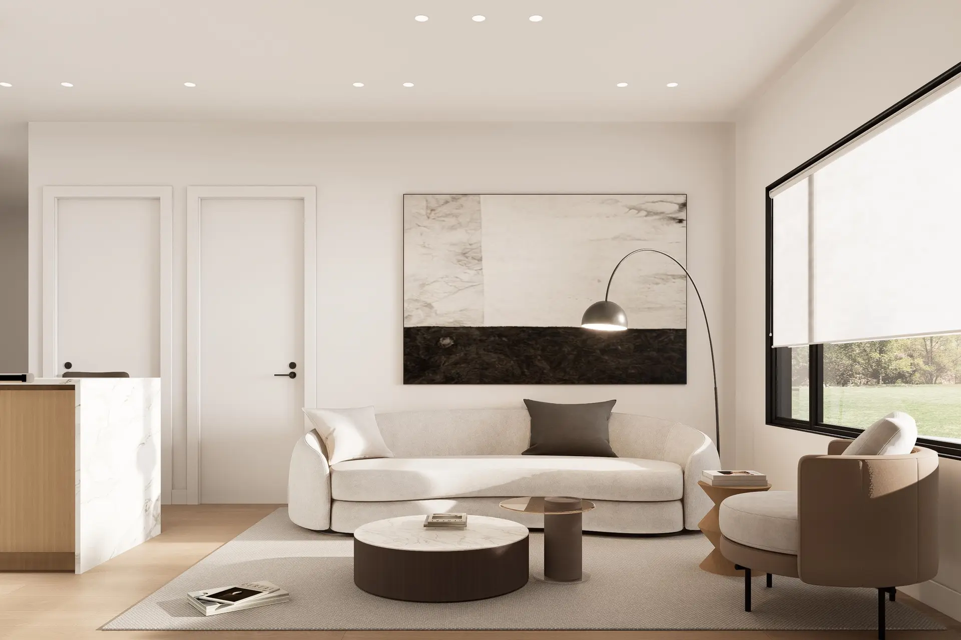 Holland Row II – A living room with a curved white sofa, dark abstract art, an arc floor lamp, and a window looking onto a lawn.