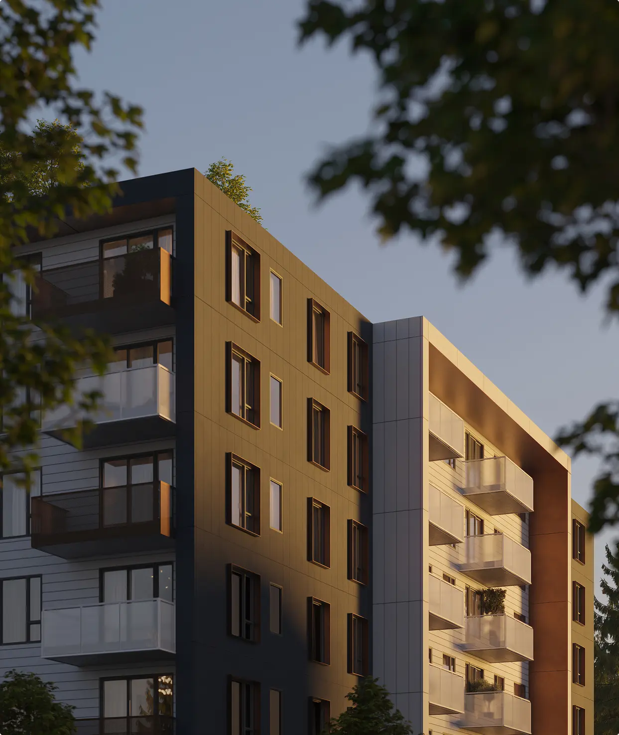 Söenhaus – Close-up rendering of a mid-rise building corner at golden hour, showing mixed wood-tone and grey panel facade with glass balcony railings, framed by tree branches.