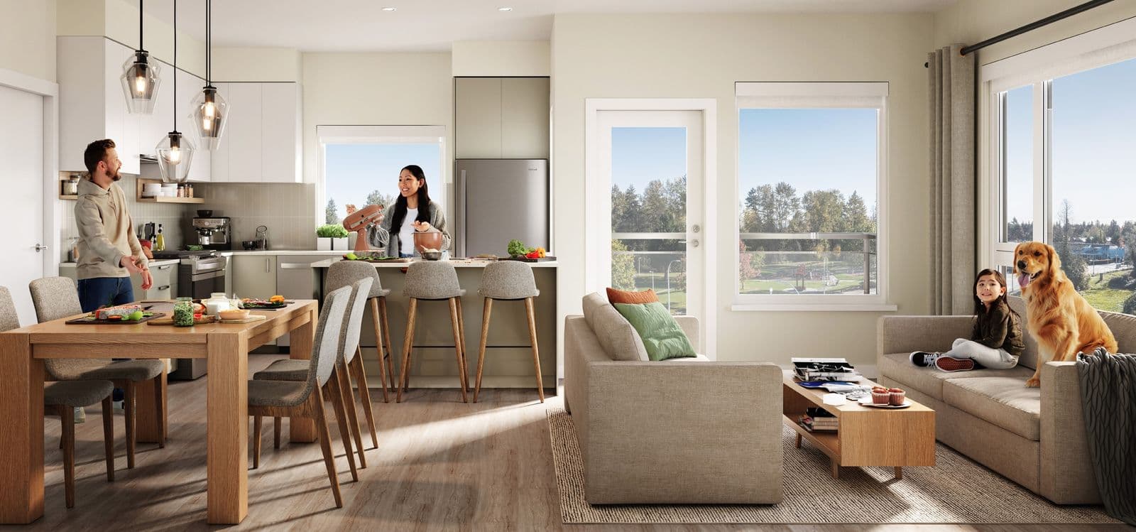 Silva – Rendering of an open kitchen, dining, and living room with a family cooking together, a dog on the sofa, and a balcony view of a park beyond.