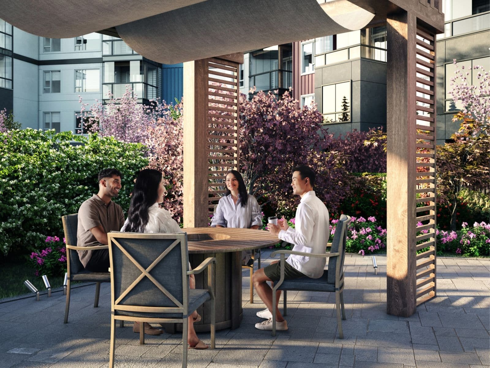 Silva – Rendering of an outdoor courtyard seating area under a wood pergola with a round table, four people socializing, and flowering trees surrounding the space.