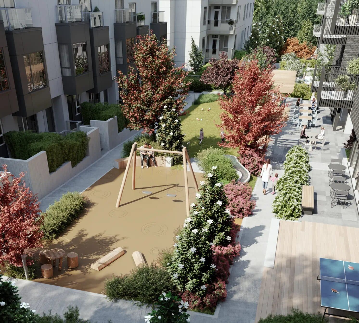 Botanica – Aerial rendering of the central courtyard garden with a children's play area and swing set, table tennis, landscaped paths, and outdoor dining terraces.