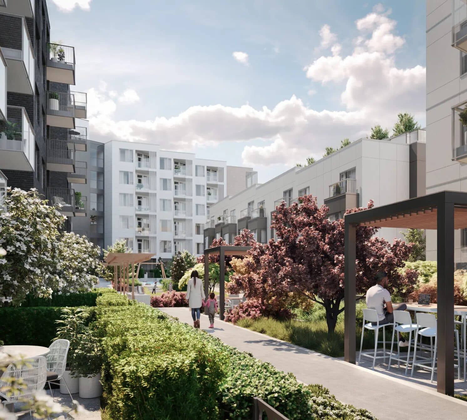 Botanica – Rendering of a landscaped courtyard walkway between the buildings with pergolas, seating areas, flowering trees, and people walking through.