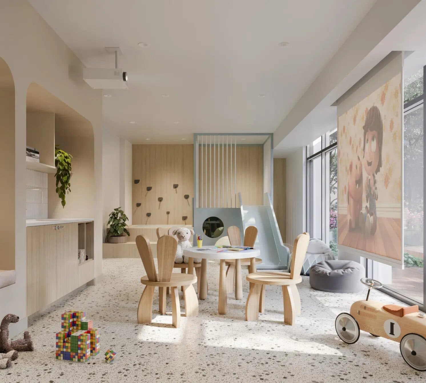 Botanica – Rendering of a bright indoor children's playroom with a small slide, climbing wall, kid-sized table and chairs, toys, and floor-to-ceiling windows onto the garden.