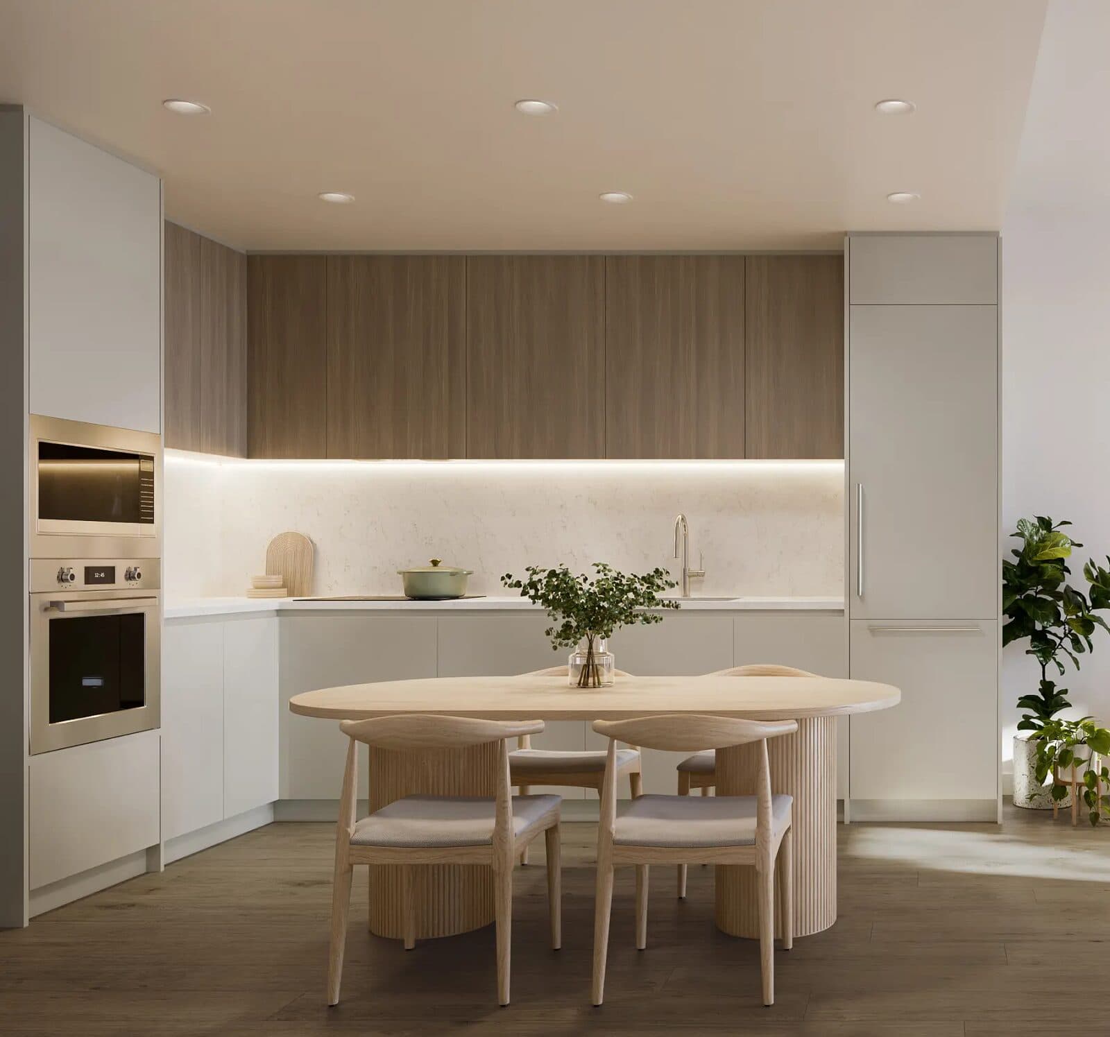 Botanica – Kitchen and dining rendering with light wood cabinetry, a built-in oven and microwave column, stone backsplash, and a round wood dining table with four chairs.