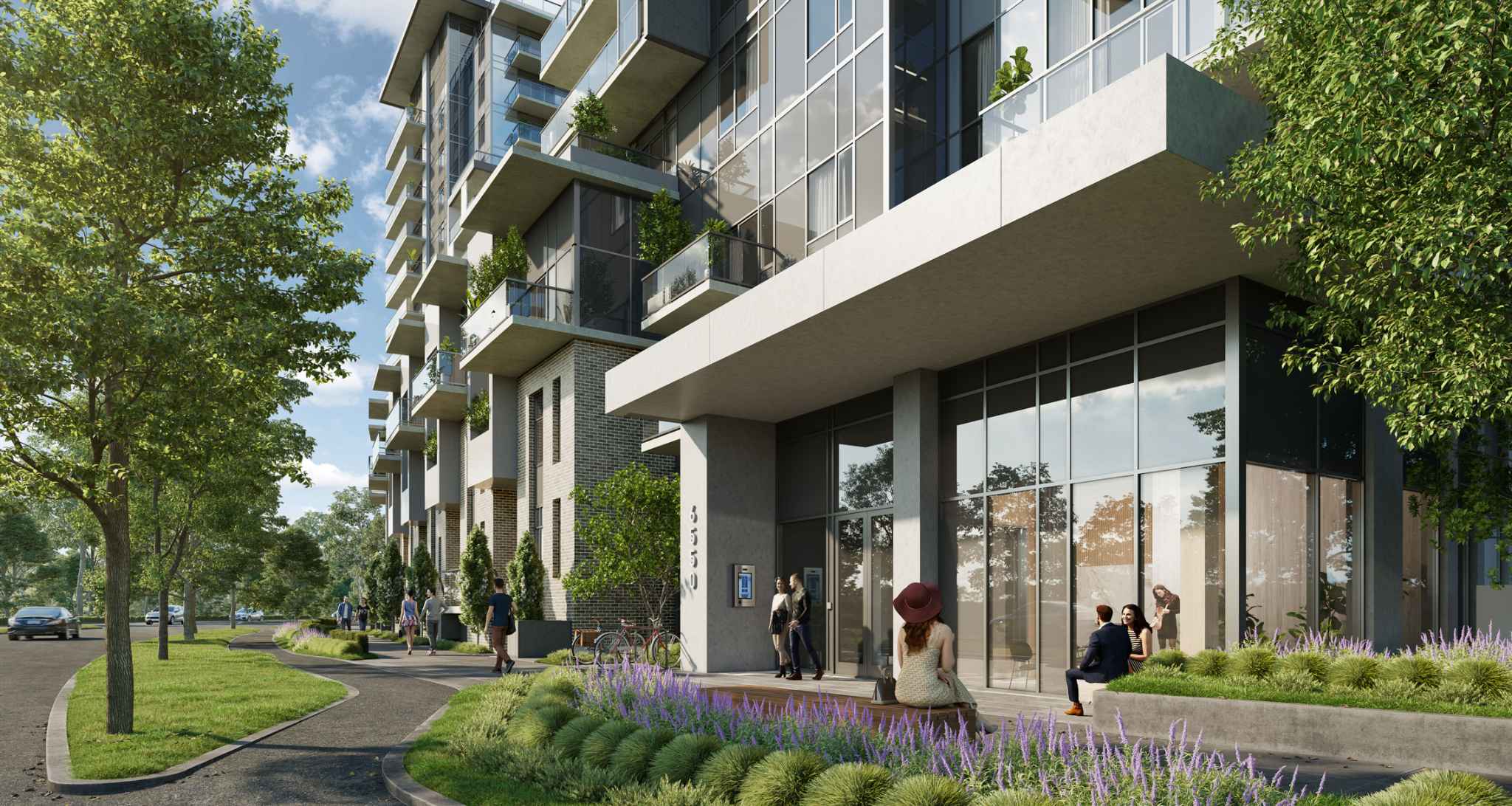 RC at CF Richmond Centre – A ground-level streetscape view of a modern mid-rise condominium entrance featuring concrete accents, large floor-to-ceiling glass windows, and protruding upper balconies. A paved pedestrian walkway curves alongside lush green lawns, trees, purple flower beds, and people relaxing outdoors on a bright, sunny day.
