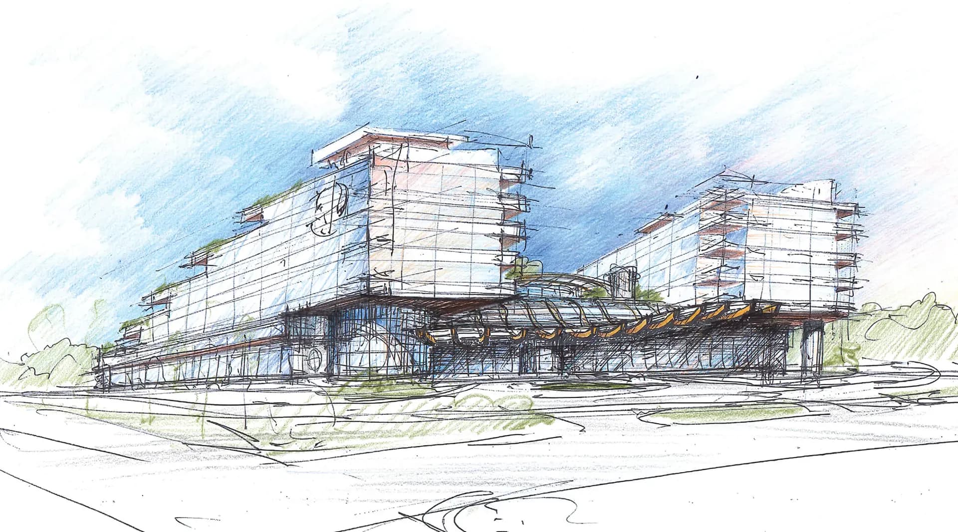 Gateway to Alluring BC – Hand-drawn colored architectural sketch of two connected mid-rise buildings with a curved glass canopy linking them at street level.