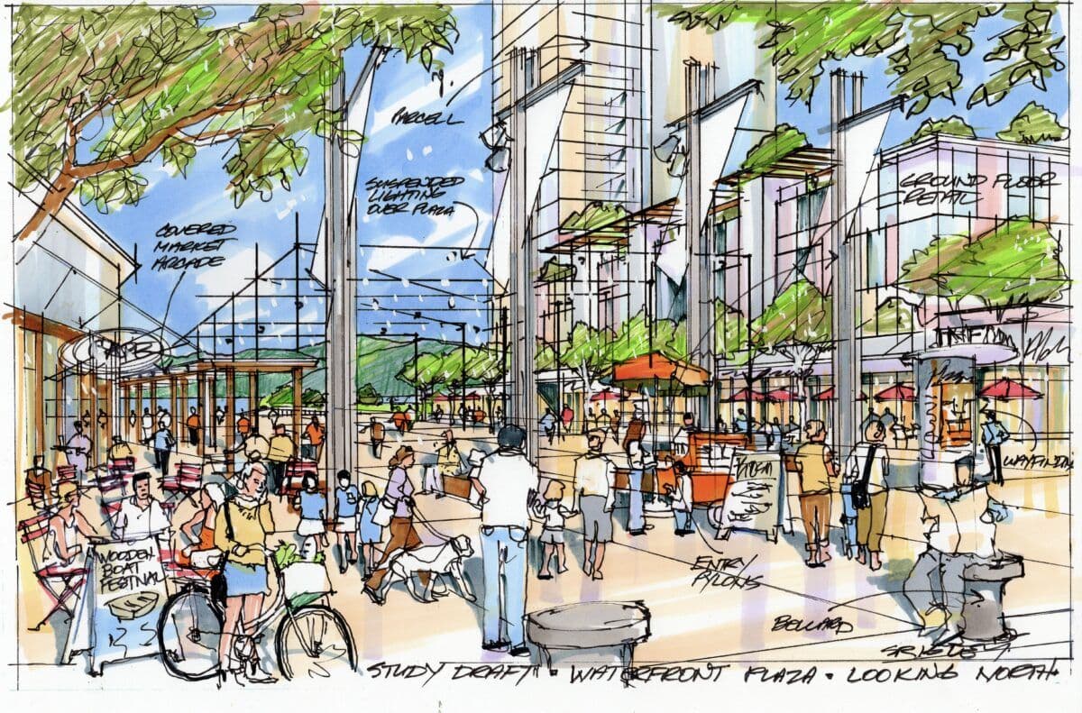 Flavelle OceanFront – Hand-drawn concept sketch labeled 'Study Draft - Waterfront Plaza - Looking North' showing a covered market arcade, street trees, and a crowd of people at a waterfront plaza with market stalls.