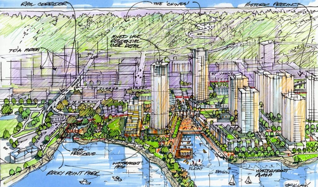 Flavelle OceanFront – Hand-drawn overhead masterplan sketch of the waterfront district showing clusters of high-rise towers, a marina, and labeled areas like 'Rocky Point Park' and 'Waterfront Plaza.'