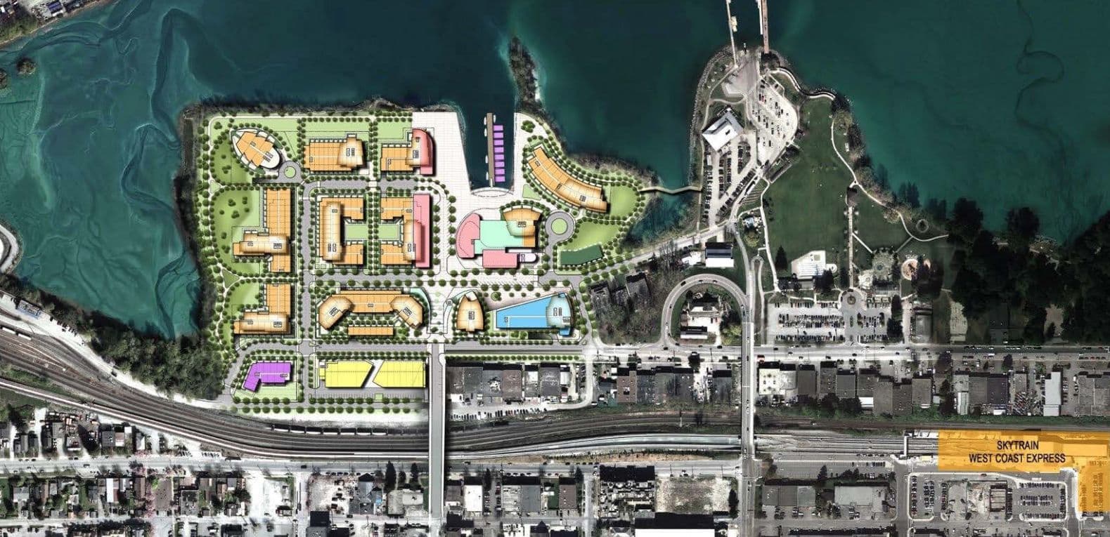 Flavelle OceanFront – Aerial satellite-style masterplan diagram showing the colored building footprints and green space layout of the waterfront site next to the water and rail corridor.