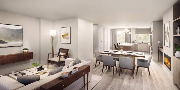Panorama Park – Rendered open living and dining area with a grey sofa, wood console with framed art, and a dining table set for six near a corner window with a gas fireplace to the side.