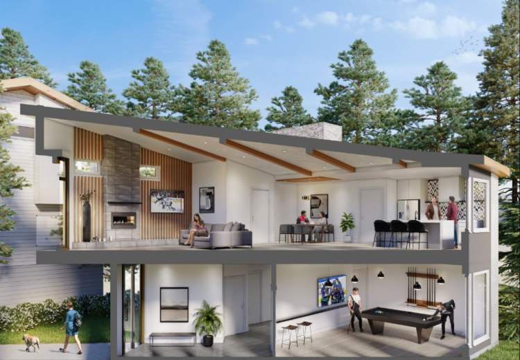 Panorama Park – Cutaway rendering of a two-storey amenity building among trees, showing an upper-level lounge with a fireplace and kitchen bar, and a lower-level games room with a pool table.