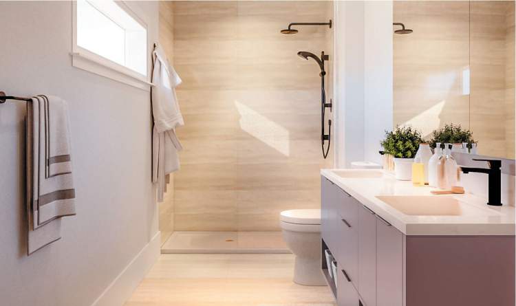 Panorama Park – Rendered bathroom with a glass-enclosed shower with black fixtures, a separate toilet, and a mauve double vanity with a large mirror.