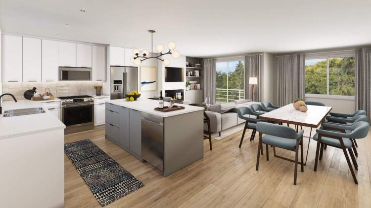 Panorama Park – Rendered kitchen with white cabinetry, a grey waterfall island with seating for six, stainless appliances, and a globe-style pendant light fixture, opening to a dining area with mountain views through the windows.