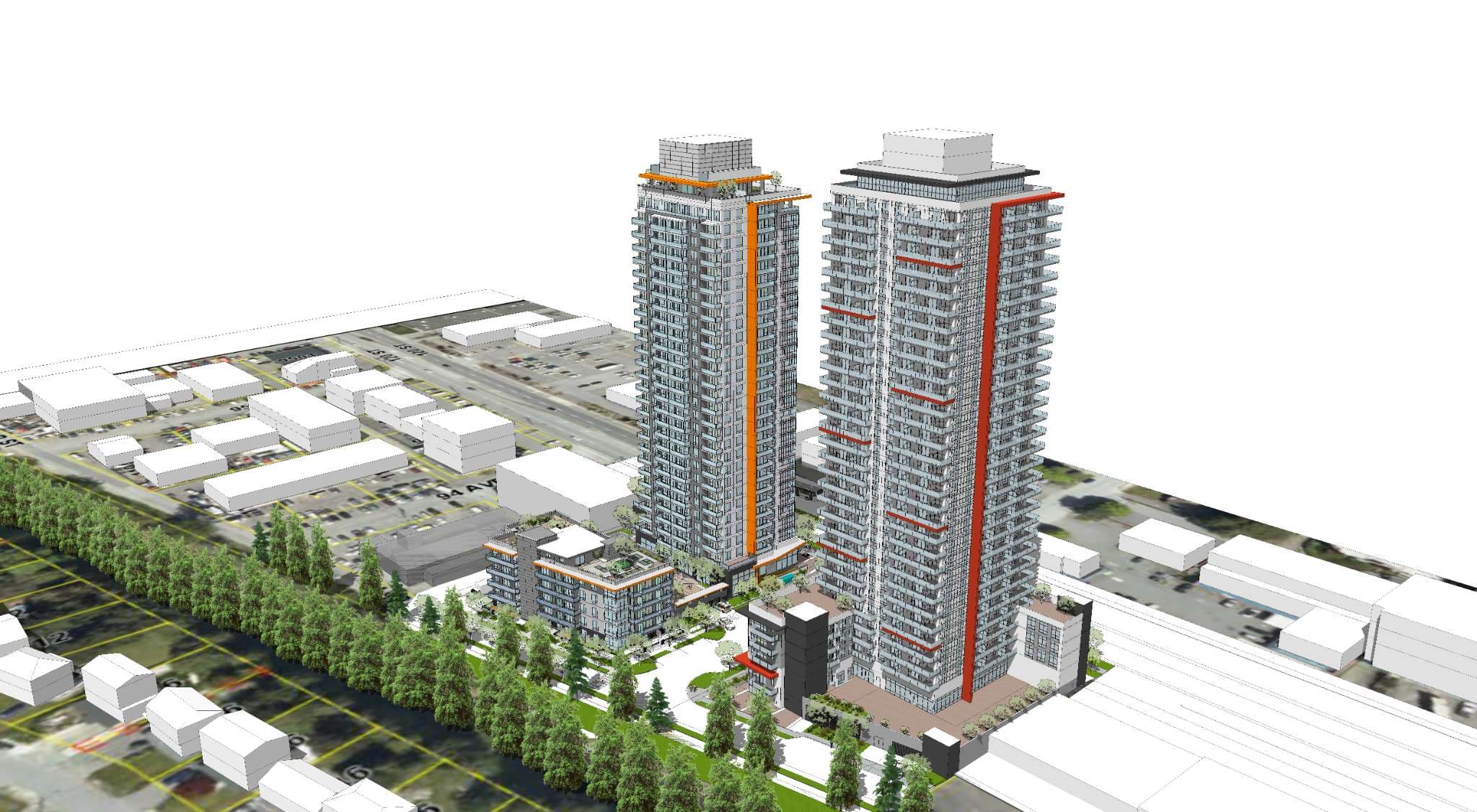 Walker House II – An elevated 3D architectural rendering illustrates two modern high-rise residential towers and low-rise podium buildings set against a satellite map base. The twin towers feature prominent vertical orange accents, numerous balconies, and rooftop terraces, bordered by a line of green trees and surrounding urban street layouts.