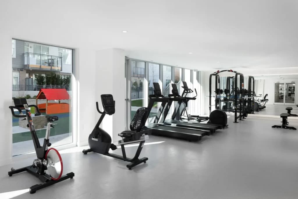 Hartley – A bright, modern indoor fitness centre with light grey floors, white walls, and floor-to-ceiling windows letting in daylight. The gym is outfitted with cardio machines including stationary bikes and treadmills, alongside a weight lifting rack with mirrored walls behind it, overlooking an outdoor children's play structure.