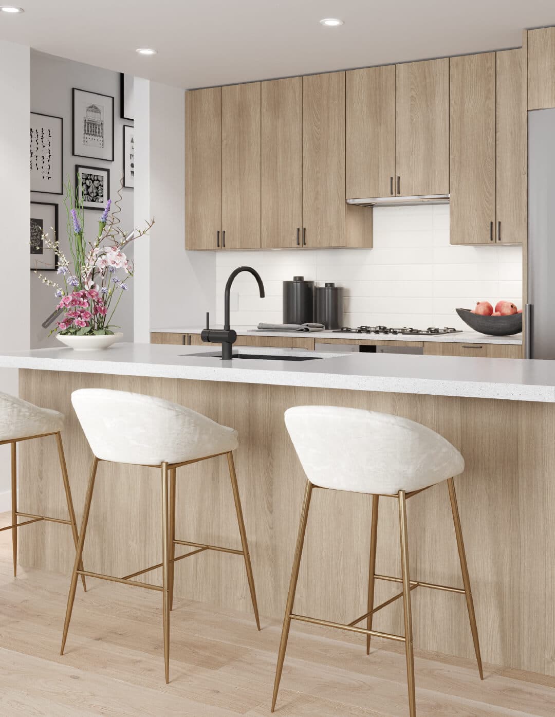 Park Langara – Kitchen rendering with light wood cabinetry, a white countertop island with gold-legged stools, black fixtures, and a gas cooktop.