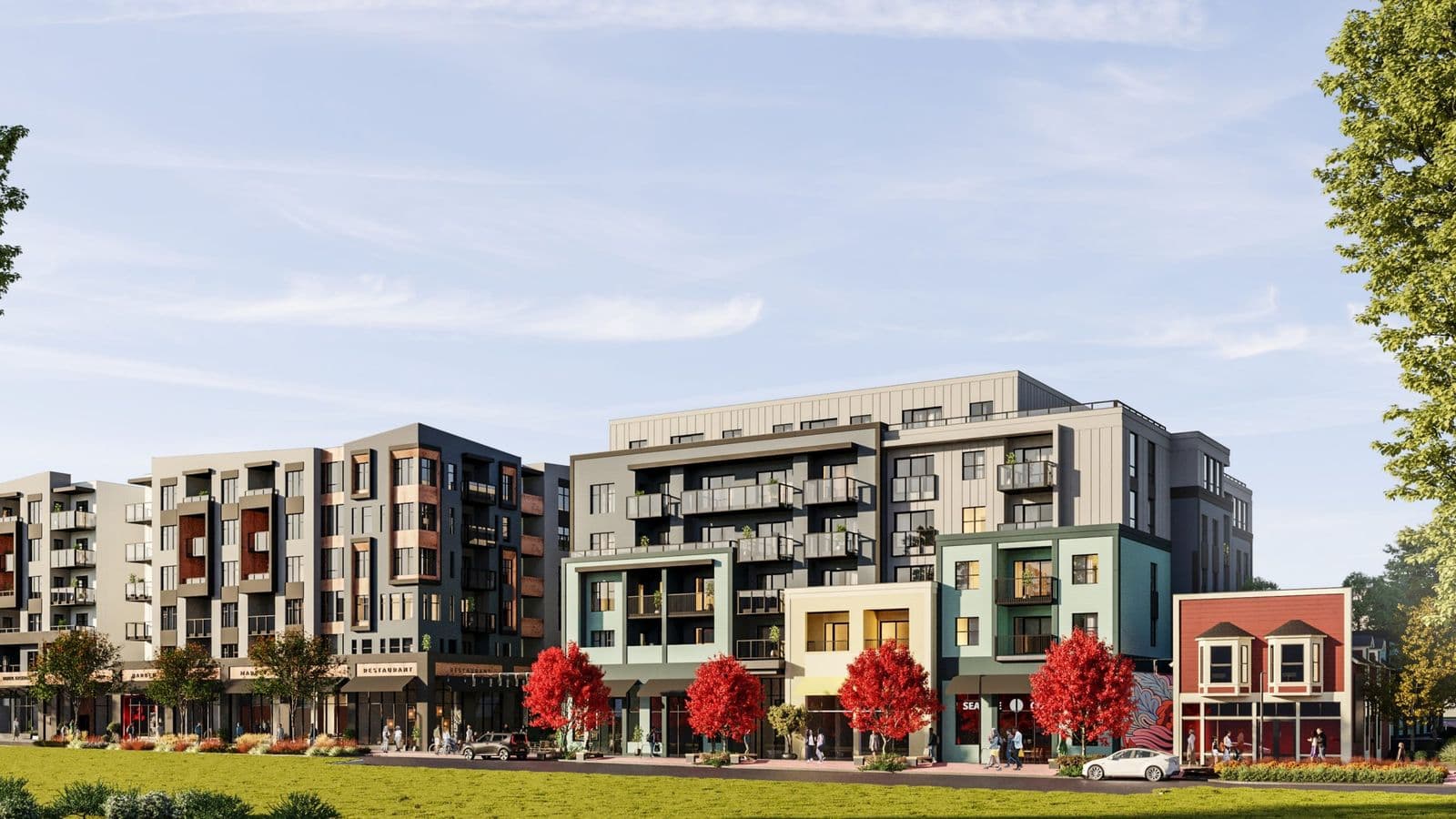 Mary Annes Place – A daytime rendering of a mixed-use street block with colorful ground-floor storefronts including a restaurant and seafood shop below apartments.
