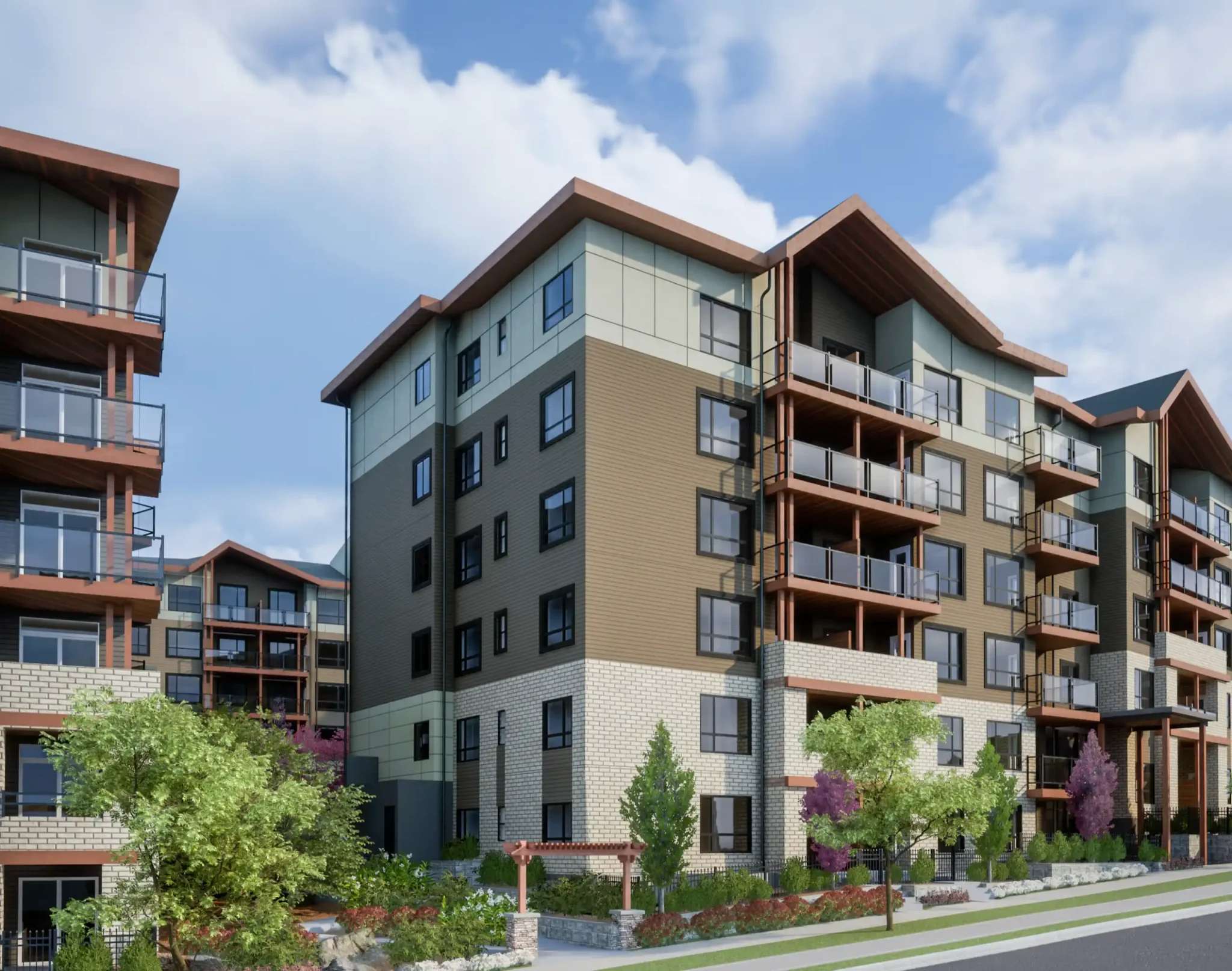 Ledgeview II – A ground-level architectural rendering shows multi-story residential buildings featuring wood-tone siding, stone accents, and glass balconies under a gabled roofline. The streetscape in the foreground includes landscaped gardens, young trees with green and purple foliage, and a small wooden pergola under a partly cloudy blue sky.