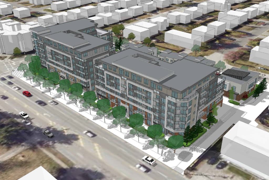 Scott + 75 – An elevated architectural rendering showing a pair of modern mid-rise residential buildings situated along a tree-lined city street. The surrounding neighborhood context is depicted with white massing blocks alongside realistic satellite ground imagery and street traffic.
