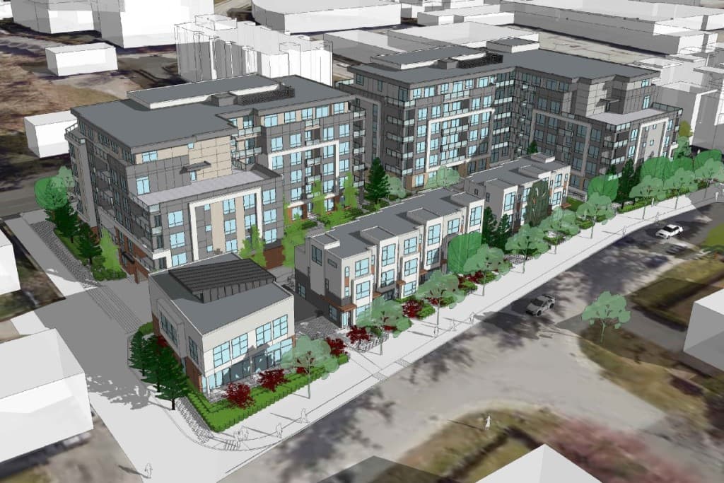 Scott + 75 – An elevated 3D architectural rendering displays a master-planned community featuring mid-rise residential buildings, row townhomes, and a smaller corner building. The modern complex is lined with landscaped sidewalks, green trees, and surrounded by simplified massing models of neighboring city blocks.