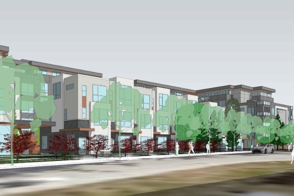 Scott + 75 – An architectural 3D rendering of a modern low-rise residential complex viewed from the street, featuring multi-toned siding, brick accents, and large windows. Stylized green trees, red landscaping bushes, and walking pedestrian outlines line the sidewalk in front of the building.