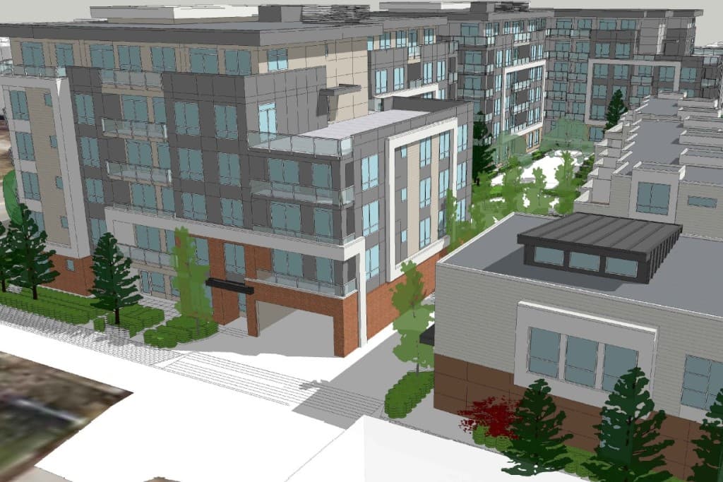 Scott + 75 – Elevated 3D architectural model rendering showcasing a multi-building residential development with mid-rise apartment buildings and townhomes. The modern exterior designs feature red brick bases, grey siding, glass balconies, and landscaped courtyards with green trees.