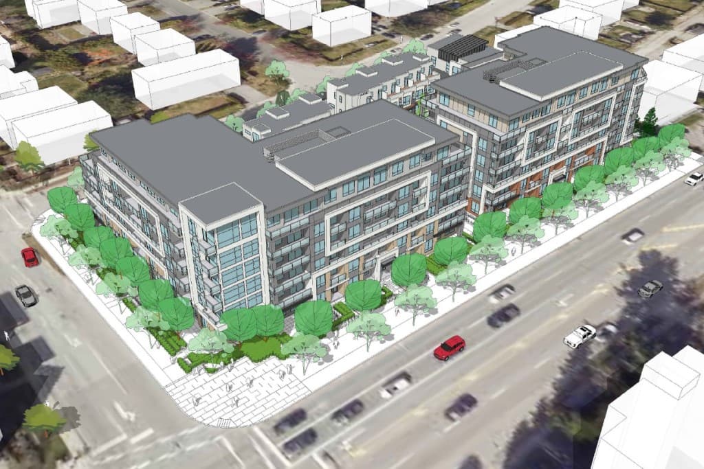 Scott + 75 – An aerial architectural rendering shows a modern mid-rise residential development situated on a corner lot, flanked by tree-lined sidewalks and streets with traffic. The complex includes multi-story condo buildings with private balconies alongside attached townhomes, set against an illustrated context of the surrounding neighbourhood.