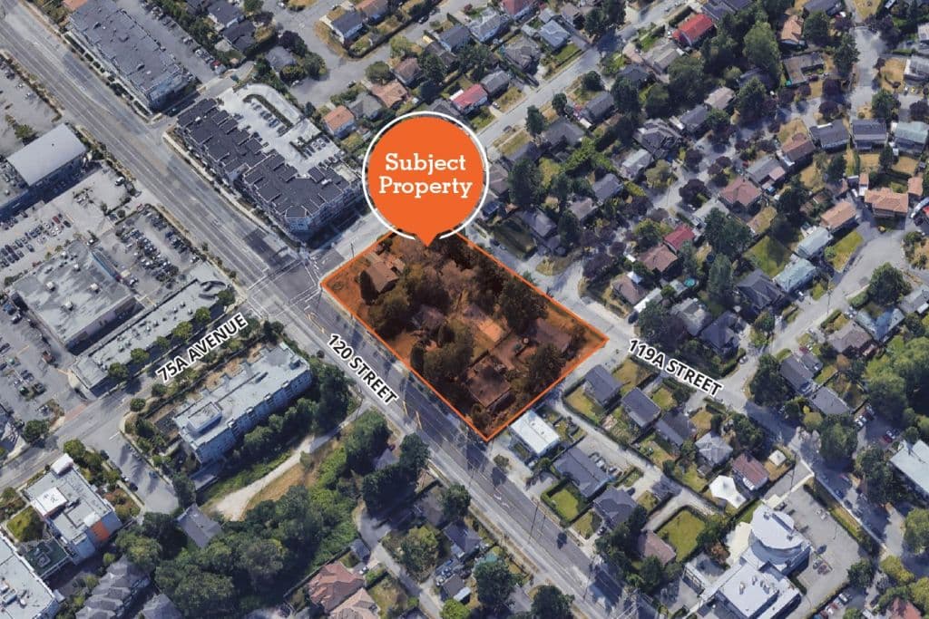 Scott + 75 – An aerial satellite map highlighting a development parcel outlined in orange and marked 'Subject Property' along 120 Street. The surrounding suburban neighborhood consists of low-rise residential buildings, single-family homes, and local commercial lots under bright daylight.