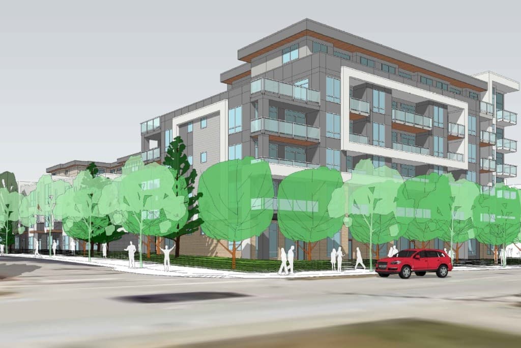 Scott + 75 – A conceptual street-level rendering of a modern mid-rise residential building featuring grey siding, white framing accents, and glass-railed balconies. Stylized green trees line the corner sidewalk alongside simplified pedestrian figures and a parked red SUV.