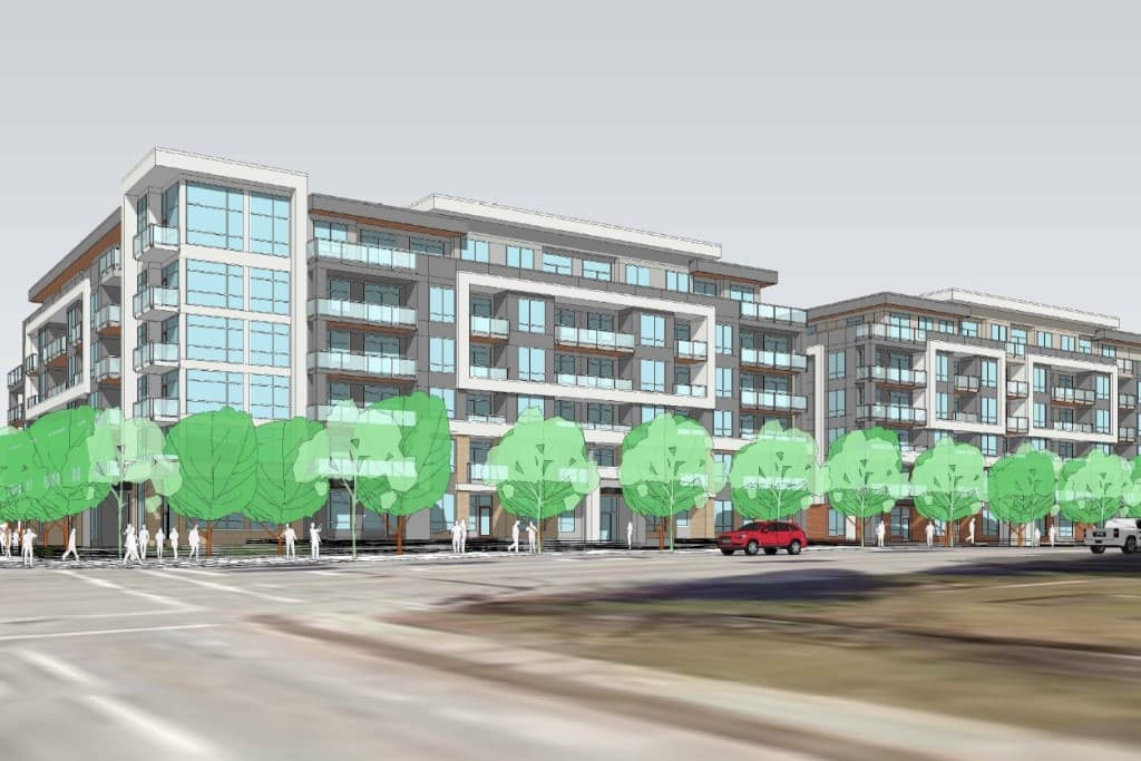 Scott + 75 – An architectural rendering of a multi-story, modern mid-rise residential building complex featuring glass balconies, large windows, and a combination of grey and white paneling. Stylized green trees, sketched pedestrians, and a red SUV line the street-level sidewalk in front of the building.