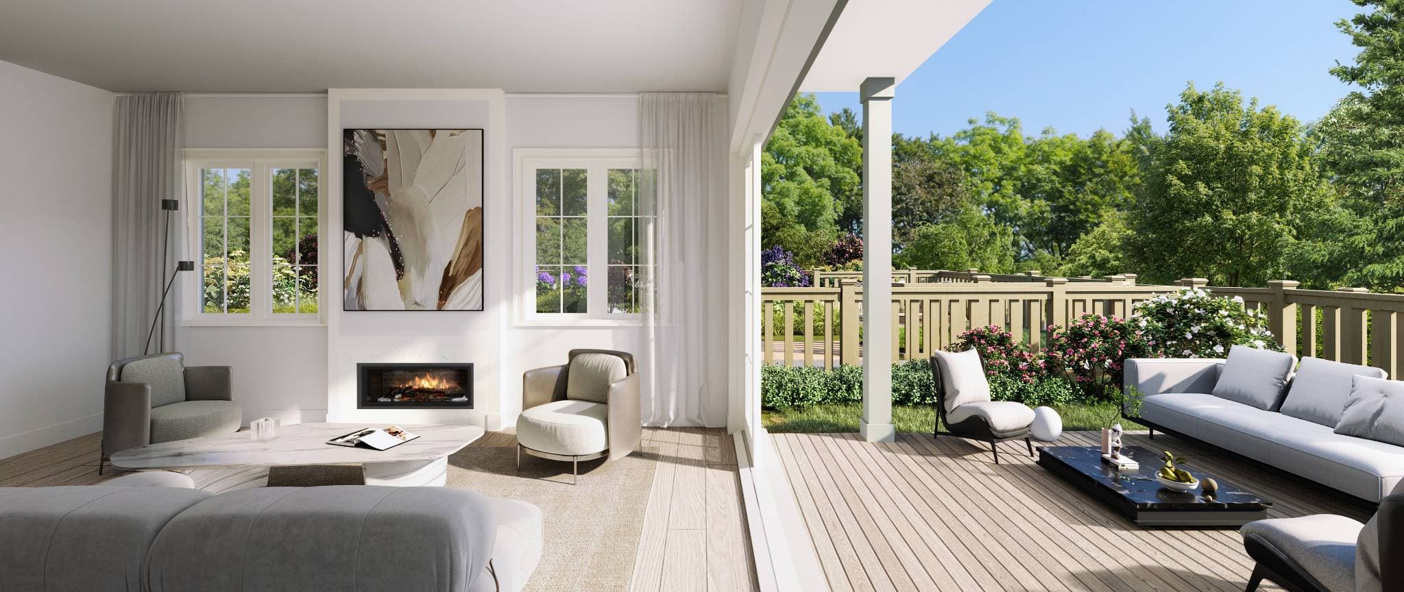 Harlowe House – A sunlit modern living room featuring a linear fireplace, marble coffee table, and plush armchairs seamlessly opens through wide glass doors onto a spacious wooden terrace. The outdoor deck is furnished with lounge seating and surrounded by flowering shrubs and lush green trees under a bright blue sky.
