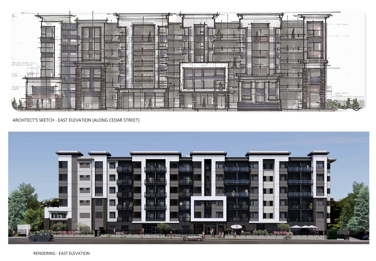 Silver & Cedar – Side-by-side comparison of an architect's hand-drawn east elevation sketch along Cedar Street and the matching finished daytime rendering of the same building facade.
