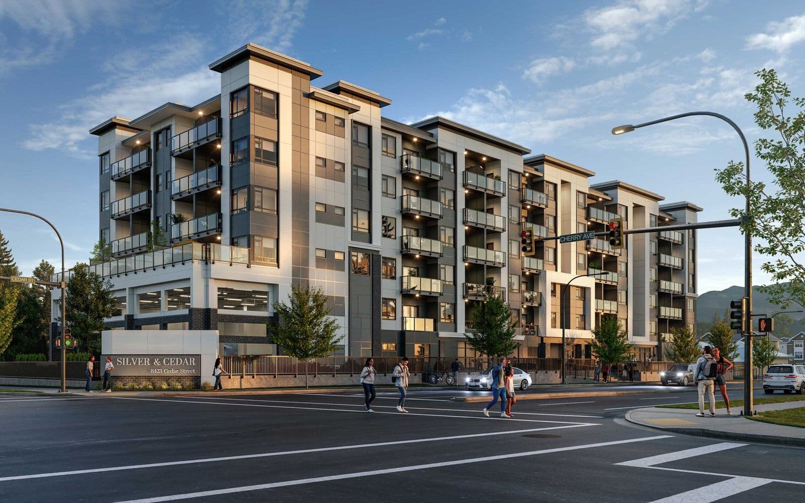 Silver & Cedar – Dusk rendering of a multi-story residential building named 'Silver & Cedar' on a street corner, with lit balconies, ground-floor parkade, and pedestrians crossing at the intersection.
