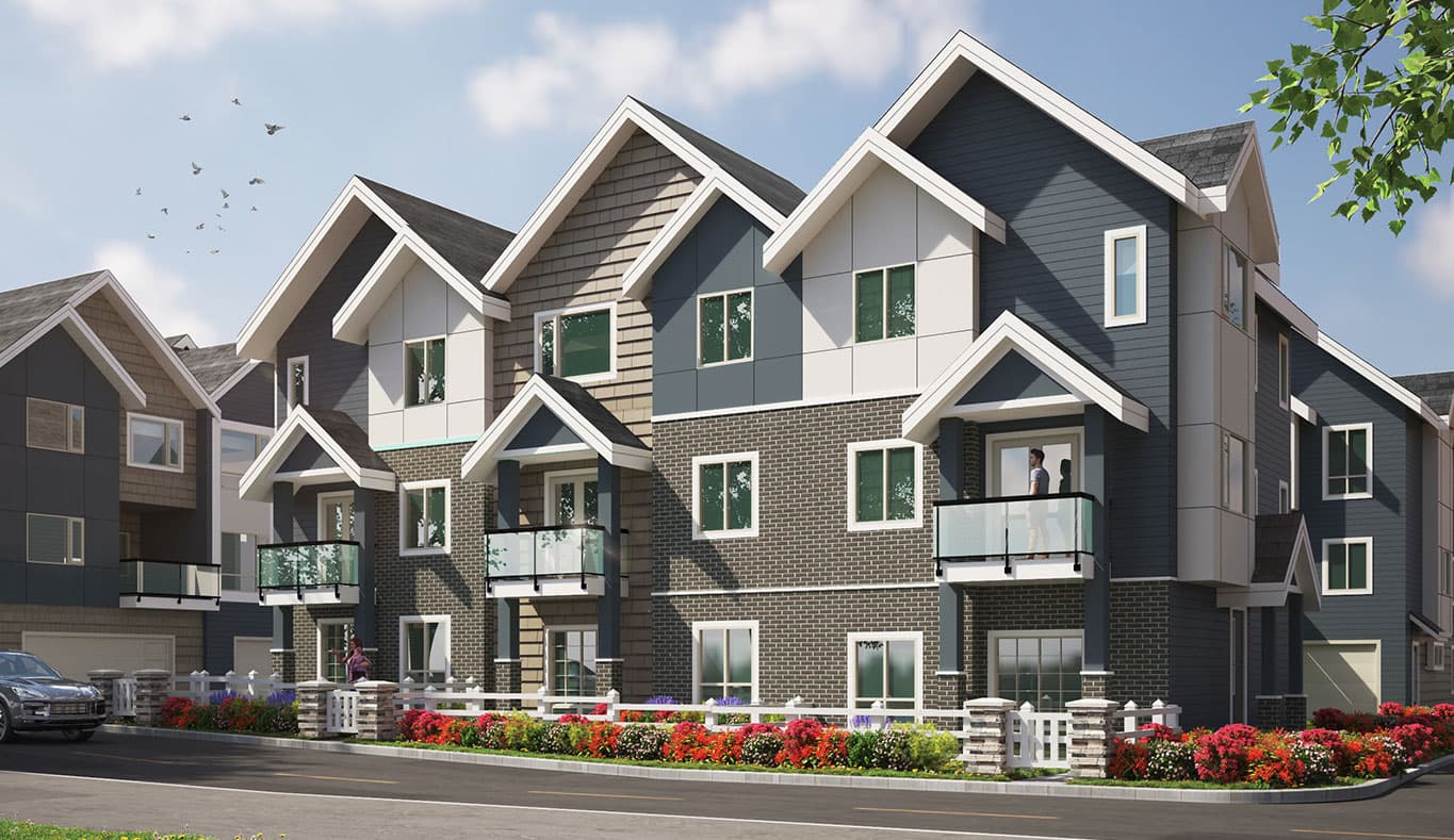 Willow Heights – Street-level rendering of multi-story townhomes with mixed brick, siding, and stucco facades, glass balconies, and flowering shrubs along the front fence.
