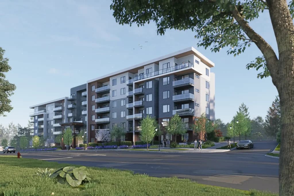 Walnut Park – Street-level rendering of a modern grey and white six-story condo building with a landscaped front yard and a tree.
