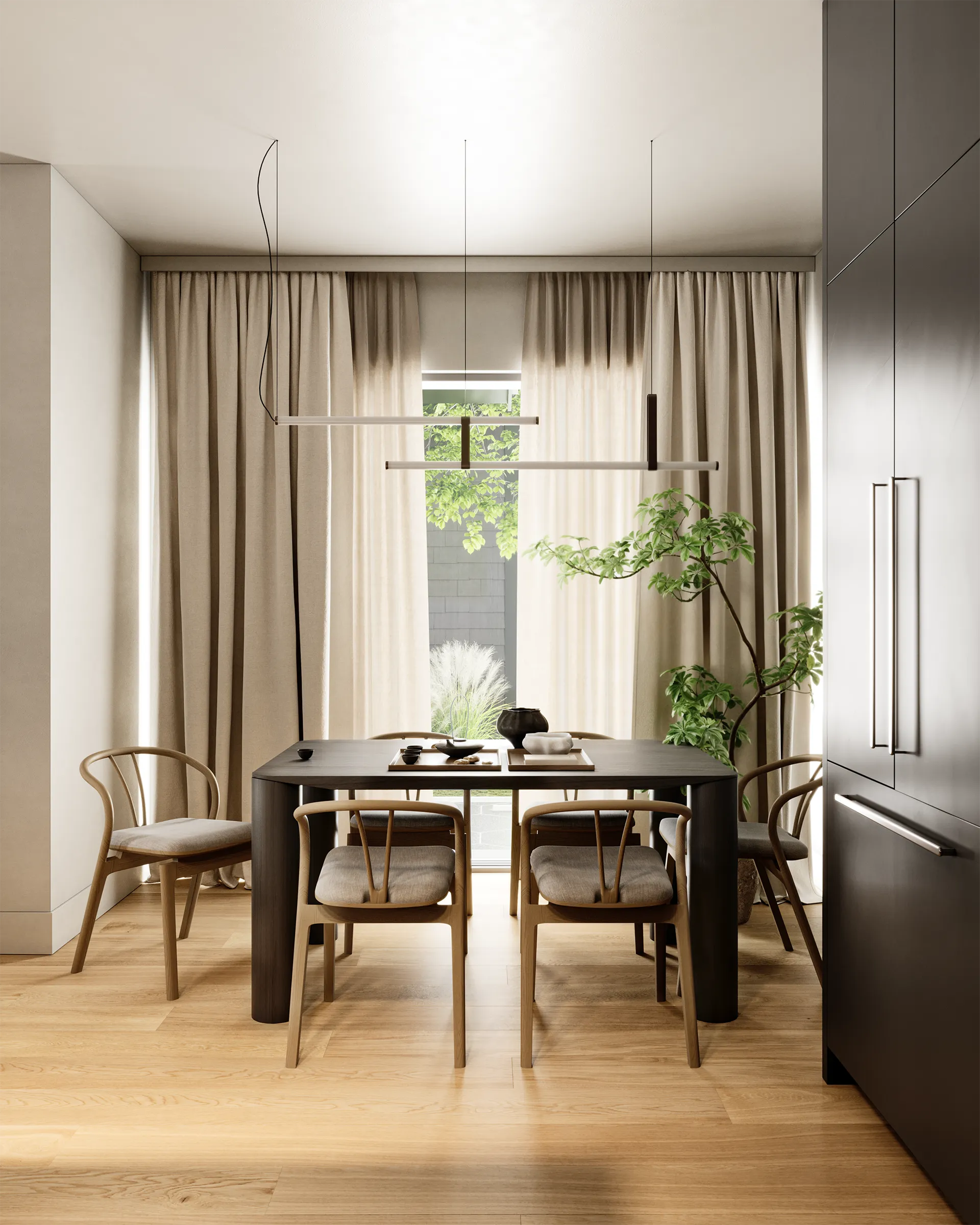 Ansoku – Dining area with a dark round table, rattan-back wood chairs, a linear pendant light, sheer curtains, and a potted plant.