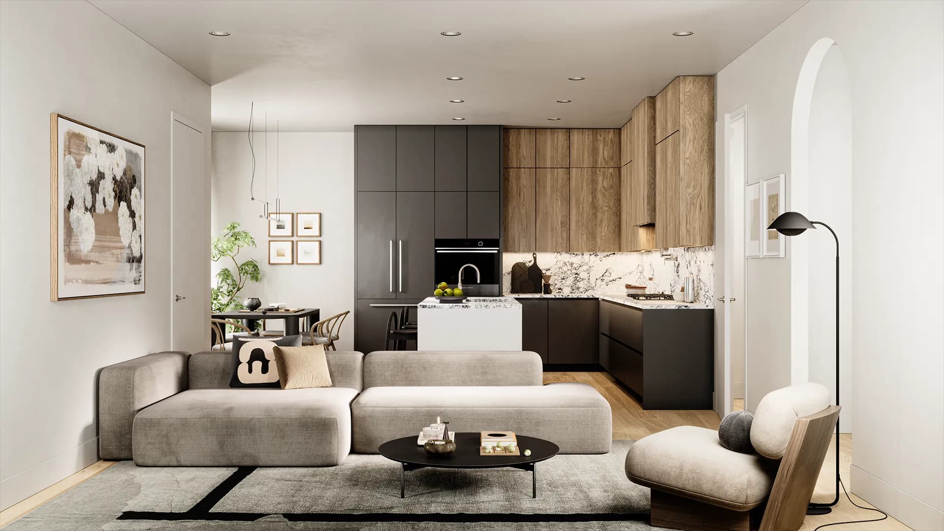 Ansoku – Open-concept living room and kitchen with a grey sectional sofa, dark cabinetry, wood upper cabinets, and a marble backsplash.