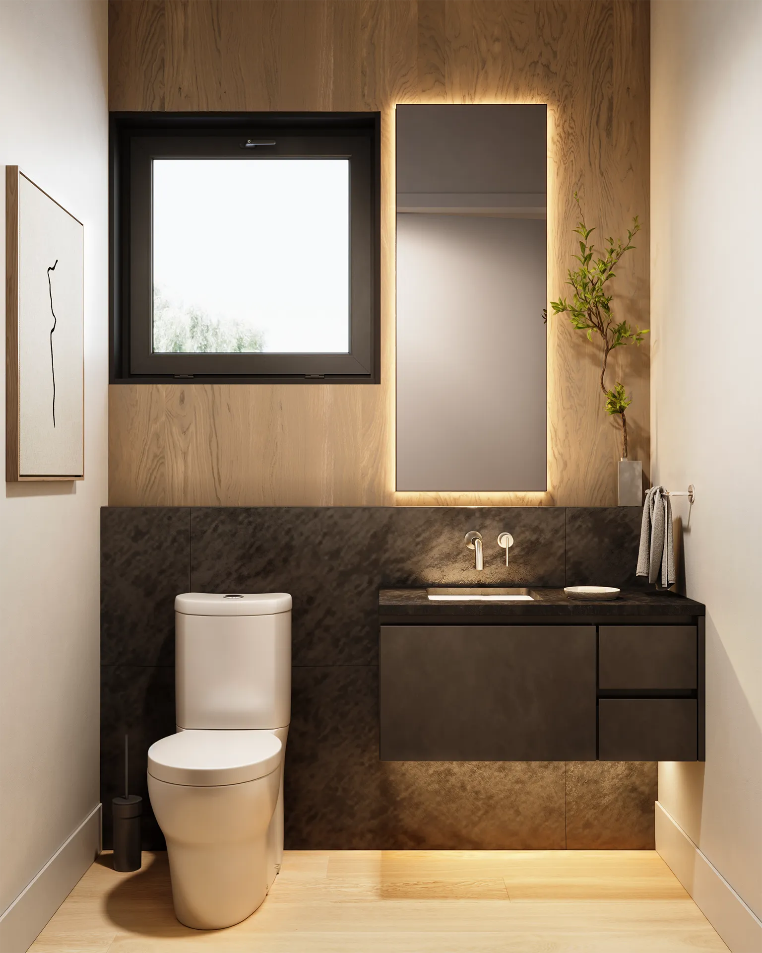 Ansoku – Powder room with wood-paneled walls, a backlit mirror, dark stone-look vanity counter with a black cabinet, and a toilet.