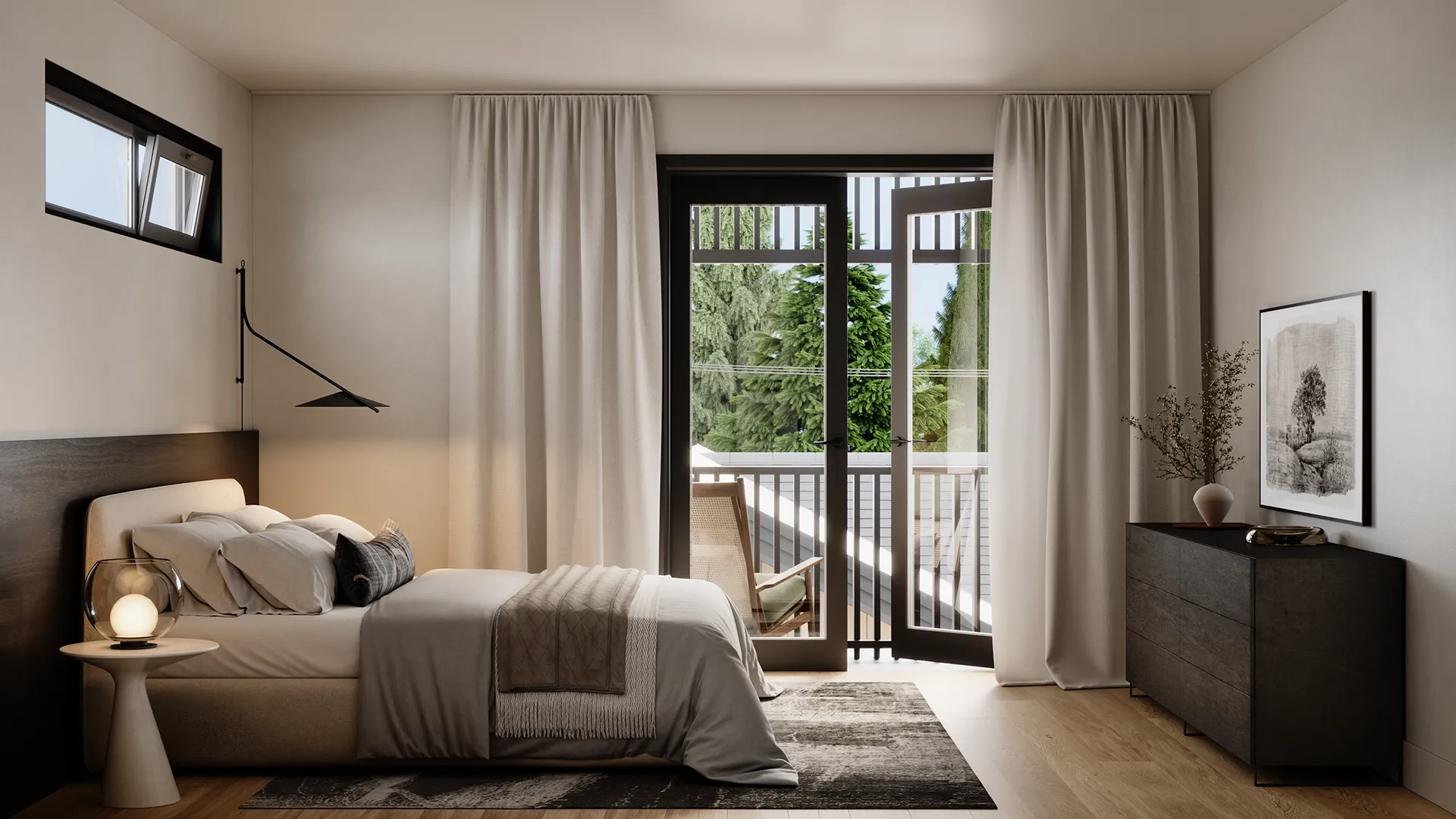Ansoku – Bedroom with a dark wood headboard wall, wall sconce, and glass double doors opening to a balcony with trees visible outside.