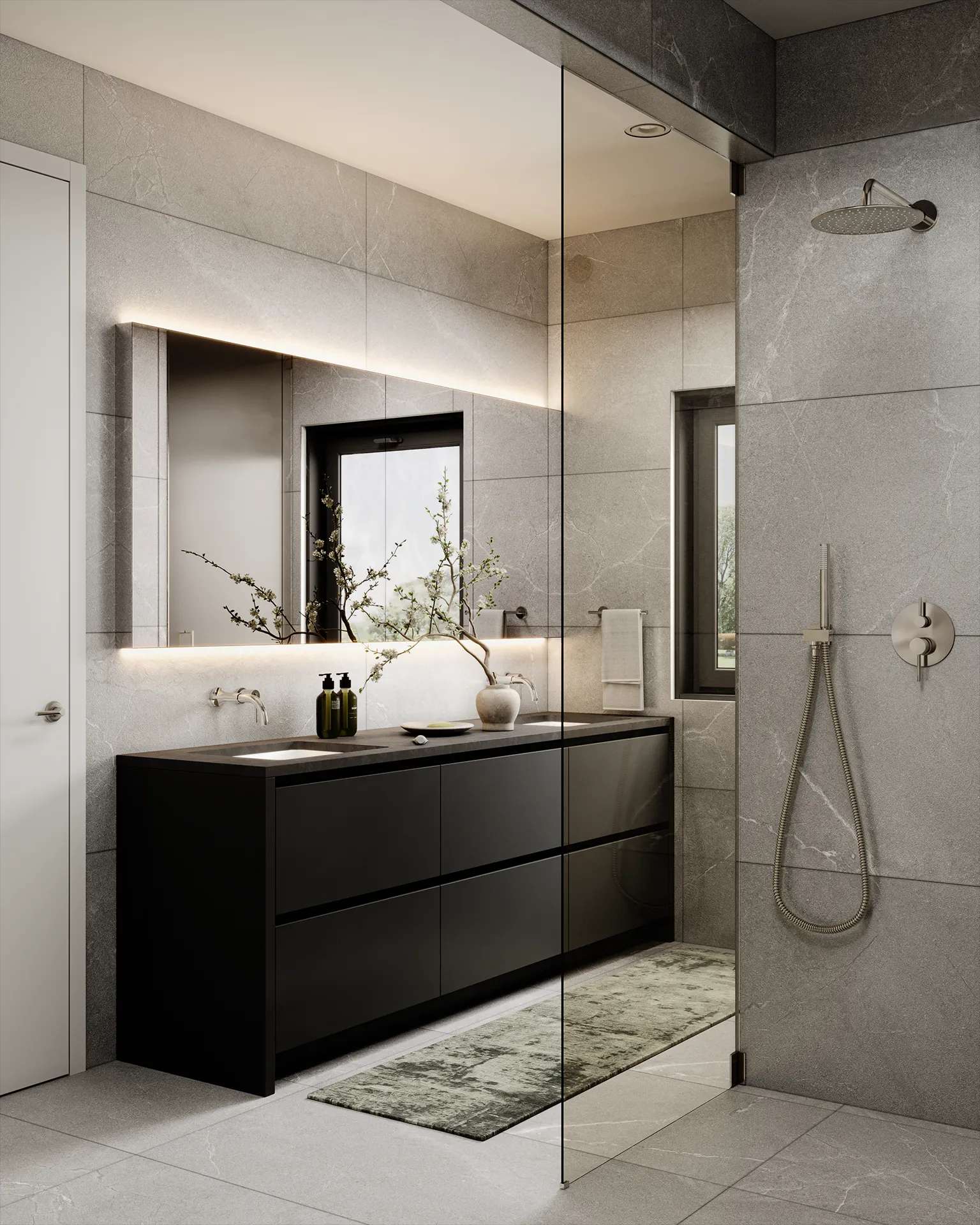Ansoku – Bathroom with a black floating vanity, double sinks, backlit mirror, glass shower with rainfall head, and a window with a garden view.