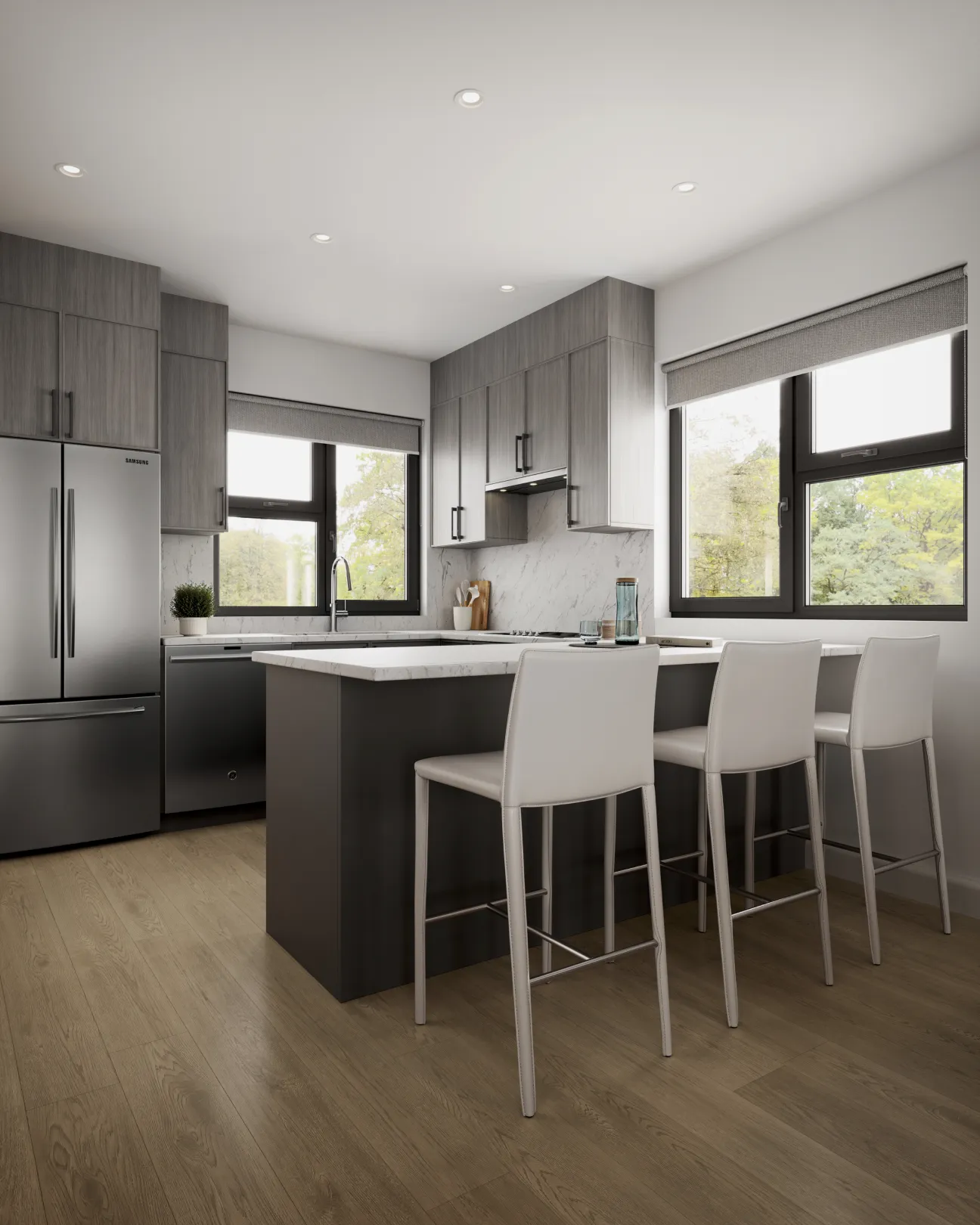 Rouge Townhomes – Rendering of a kitchen with grey cabinetry, a dark island with white countertop, stainless fridge and dishwasher, and three white bar stools at the island.