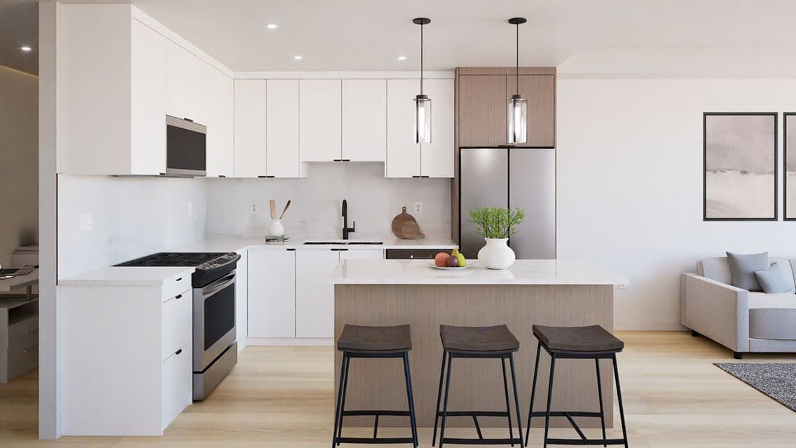Zenith Guildford – Modern kitchen with white cabinetry and wood-tone accents, marble backsplash, a wood-front island with bar stools, and an open living room beyond.