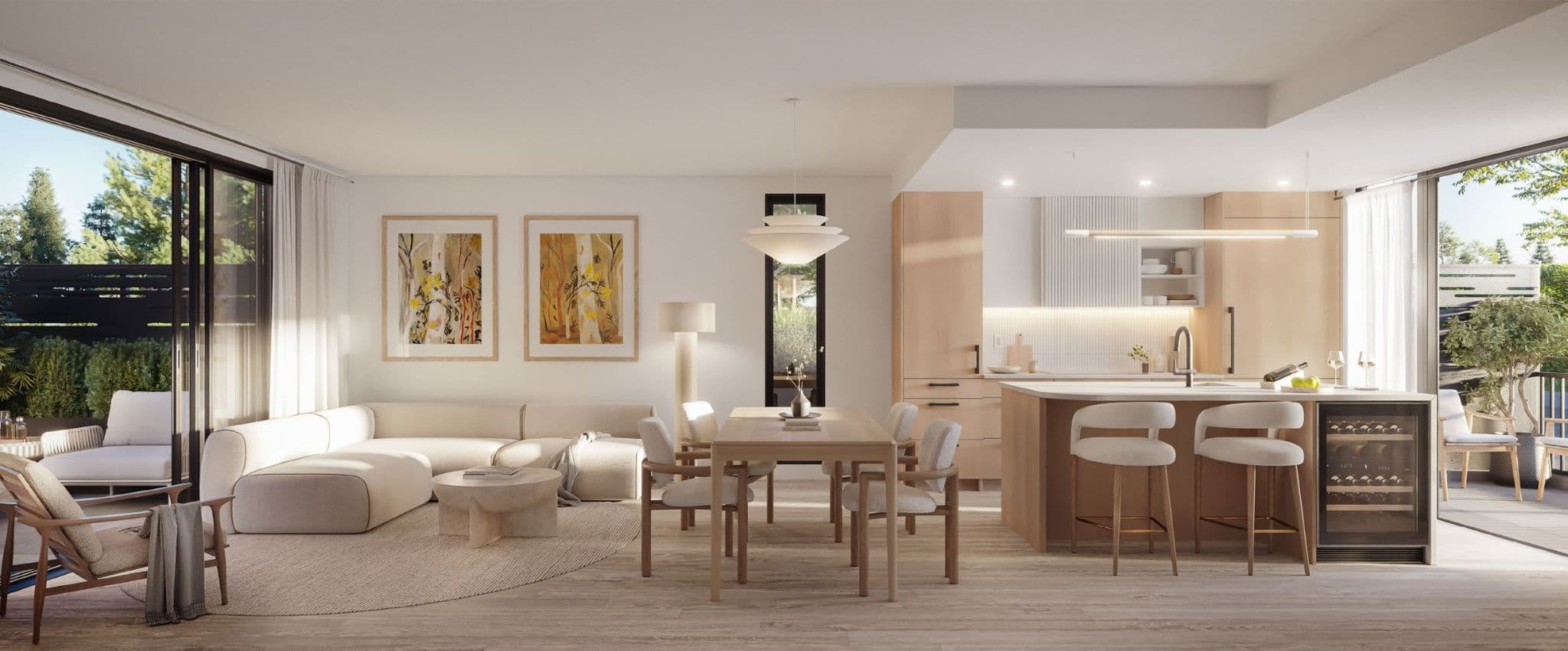 Line House – A sunlit open-concept living, dining, and kitchen area featuring pale wood cabinetry, neutral upholstered furniture, and light hardwood floors. Large sliding glass doors flank the room, offering access to outdoor patios surrounded by lush greenery.