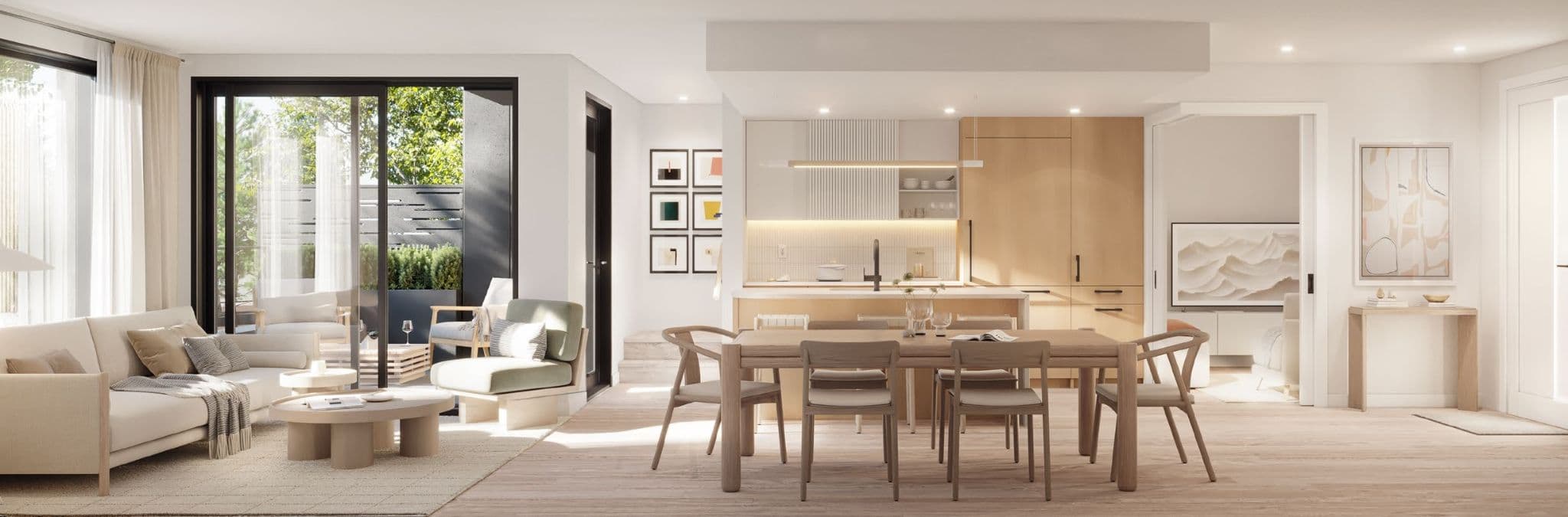 Line House – A bright, open-concept living space features a light wood dining set, a modern kitchen with pale cabinetry, and a cozy lounge area. Large sliding glass doors open onto a private, sunlit outdoor patio lined with greenery.