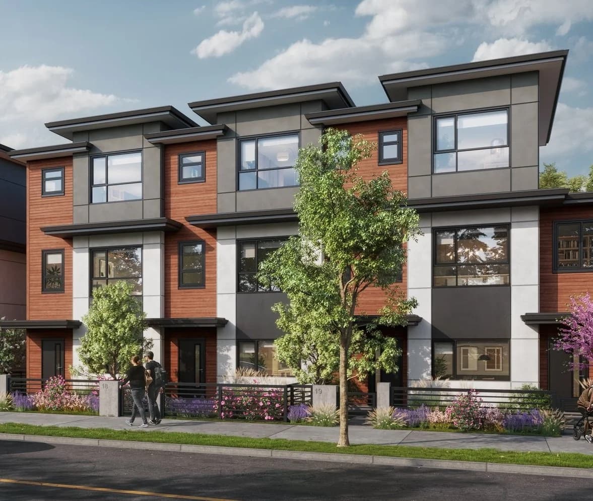 Onward – A street-level architectural rendering of a row of modern three-story townhomes featuring warm wood siding, crisp white panels, and dark grey accents under a partly cloudy sky. The foreground includes a paved street and sidewalk lined with low black fencing, lush flowering shrubs, and young trees, with a couple walking past.