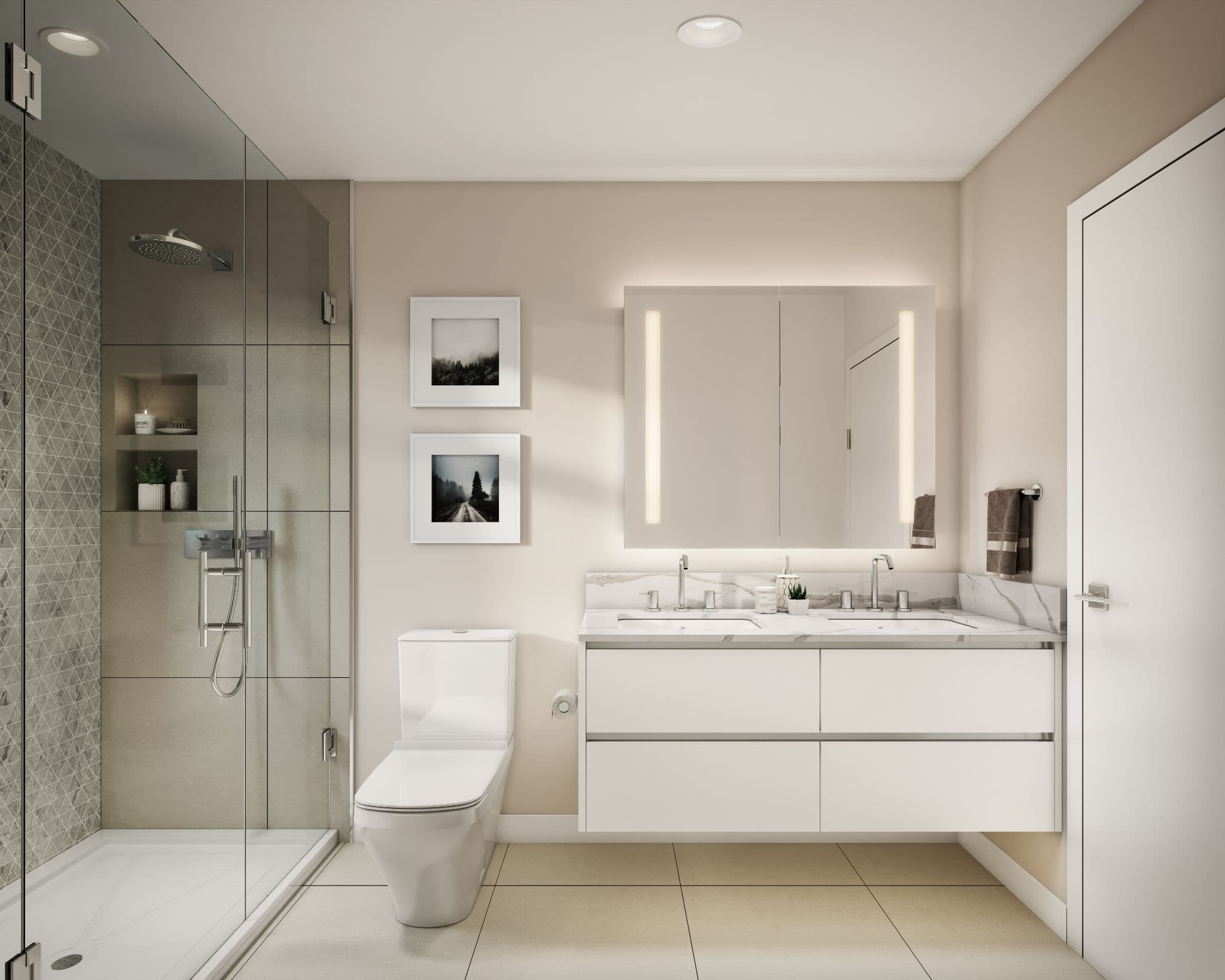 Onward – A modern, bright bathroom featuring a floating white double-sink vanity with marble countertops, a large backlit mirror, and a sleek toilet. A glass-enclosed walk-in shower on the left showcases chrome fixtures, a tiled accent wall with geometric patterns, and built-in shelving niches.