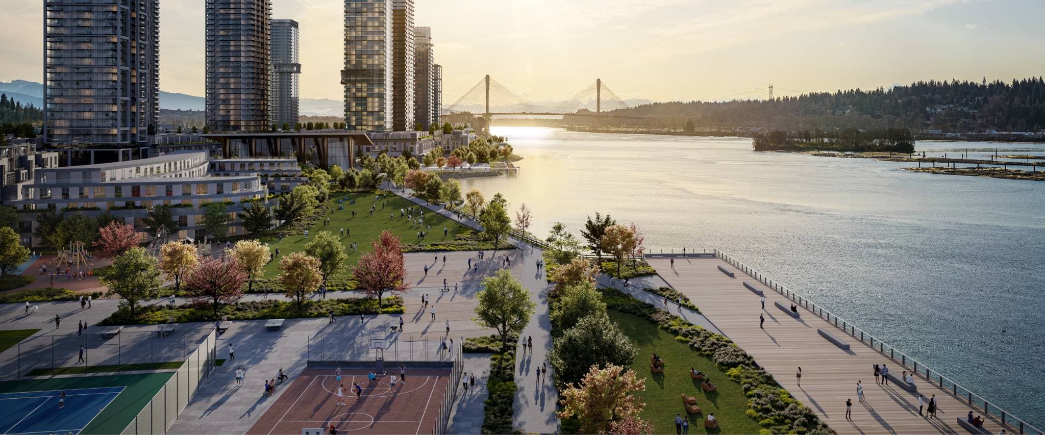 Encore – An elevated rendering of a waterfront master-planned community featuring high-rise residential towers, a sprawling green park, a basketball court, and a wide pedestrian boardwalk along a wide river. The scene is set during a warm sunset, with a large suspension bridge visible in the distant background.